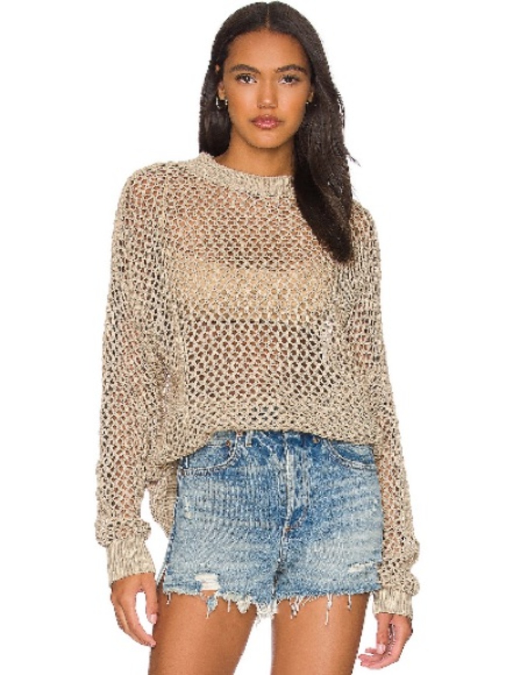 Beach Riot Open-Knit Crew Neck Sweater in Beige